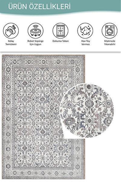 ARTLOOP Stonart Eskitme Vintage Desenli Bej/Gri Otantik Yıkanabilir Şönil Halı AL 443
