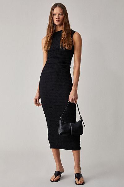 GRIMELANGE Morfy Women's Slim Fit Midi Length Crew Neck Sleeveless Black Dress