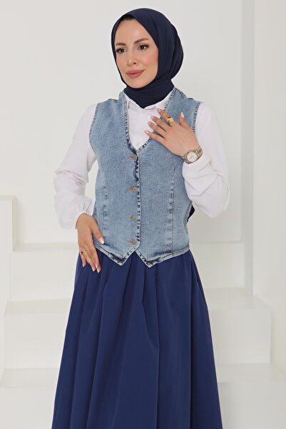 TOFİSA Denim Short Hijab Vest Light Blue - 27099