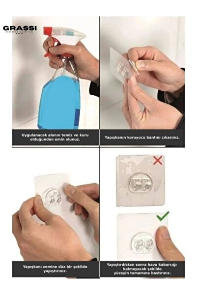 Grassi 7x7 CM Süper Güçlü Yapışkanlı Banyo Askısı Yedek 4 Adet Sticker Raf Tutucu Askı