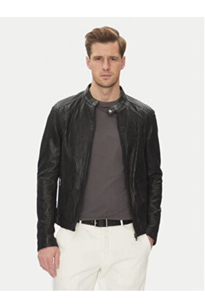 Serge Pariente Geacă de piele bărbătească LENI PERFORATED neagră