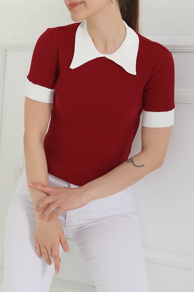 TOFİSA Collar Garnished Crop Claret Red - 27139