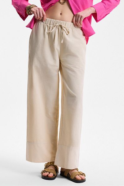GRIMELANGE Melancholi Women's 100% Cotton Linen Look High Waist Elastic Waist Beige Trousers