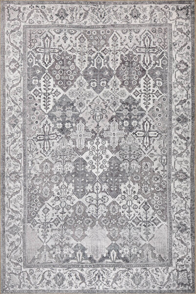 ARTLOOP Stonart Eskitme Vintage Desenli Gri Otantik Yıkanabilir Şönil Halı AL 446