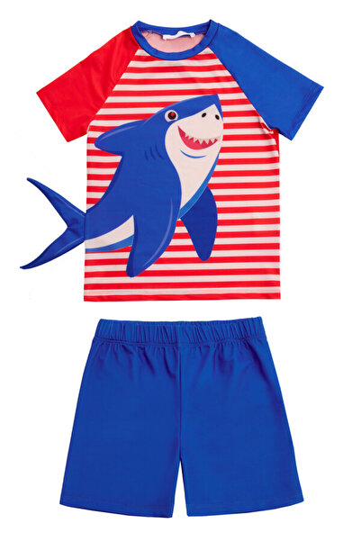 wakawakakidsstore Shark Applique Λεπτομερές ριγέ μπλουζάκι και μπλε σορτς για αγόρια Sea Team - Saks
