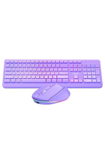 Everest KM-1500 Mor Kablosuz Rainbow Aydınlatmalı Q Multimedia Klavye + Mouse Set