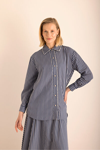 Aker Çizgili , Top Şerit Aksesuar Detaylı Viscon Bluz