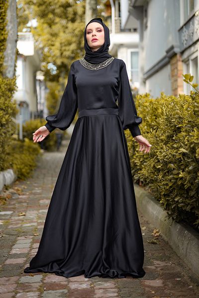 HARİKA WEAR Crepe Satin Black Dress for Special Occasions