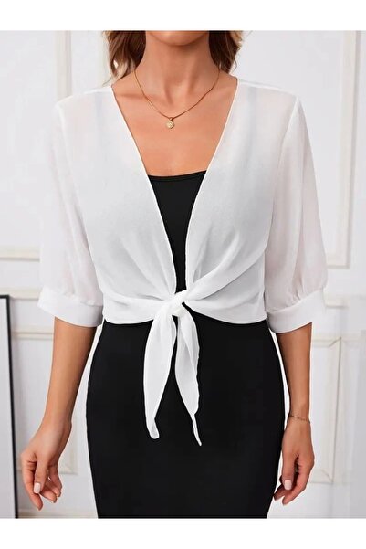 Kaplan Women's Three Quarter Sleeve Front Tie Short Chiffon Bolero Jacket