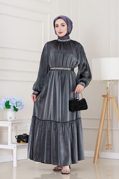 Sevitli Rochie de Seara Simay Brodata cu Pietre-Antracit