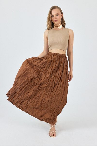 Rays Tan Elastic Waist Crinkle Fabric Skirt 3483
