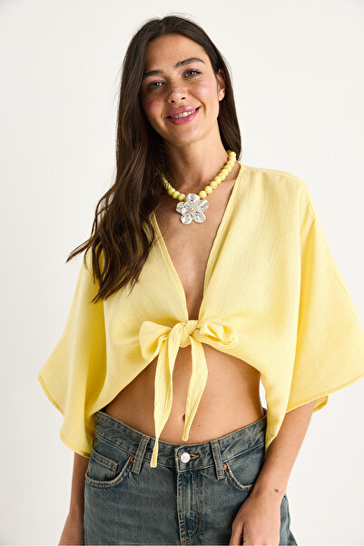 Bianco Lucci Women's Wide Sleeve V-Neck Lacing Detailed Muslin Blouse 4729 60283396