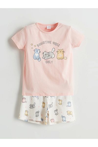LC Waikiki Lcw Kids Pink Printed Combed Cotton Girls Shorts Pajama Set