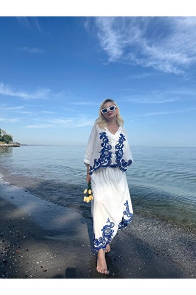 FEHUBLOOM White blue flower embroidered shirt skirt set