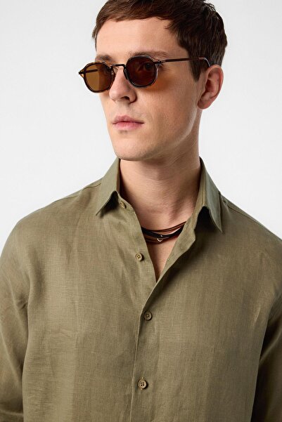 Antioch Khaki 100% Linen Comfort Fit Men's Shirt
