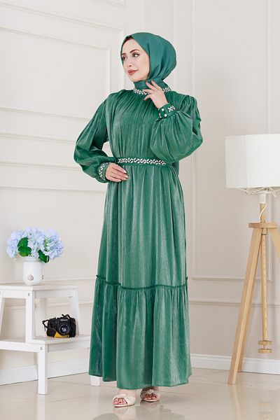 Sevitli Rochie de seară Simay brodata cu piatră-verde smarald