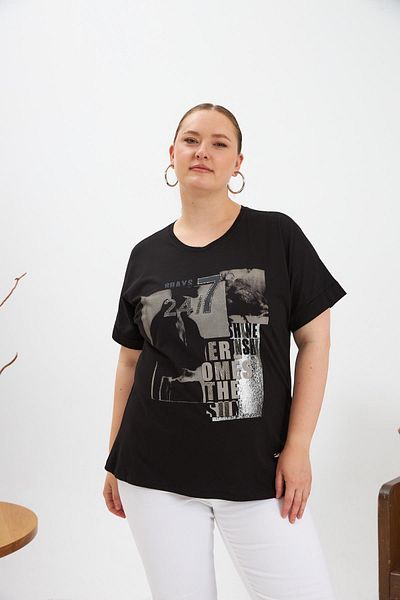 RMG Stone and Print Detailed Large Size T-Shirt Black