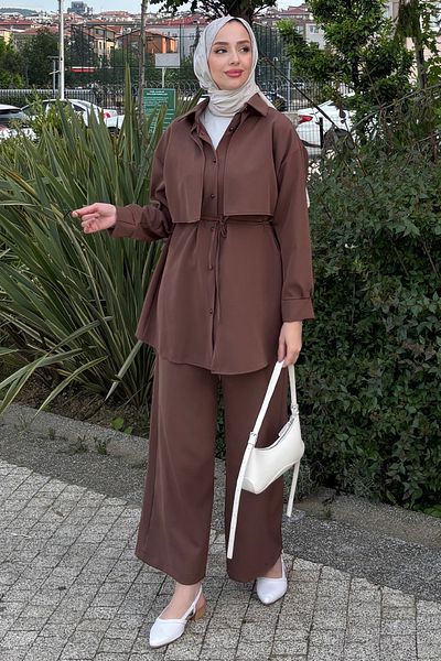 Tesettür Diyarı Summer Crepe Fabric Shirt Pants Set - Brown