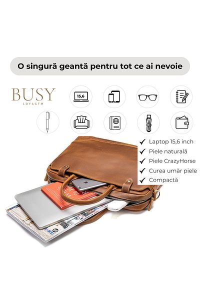 Busy Lady&Gentleman 15.6 laptop bag made of genuine leather, Patrik, leather shoulder strap and handles, brown