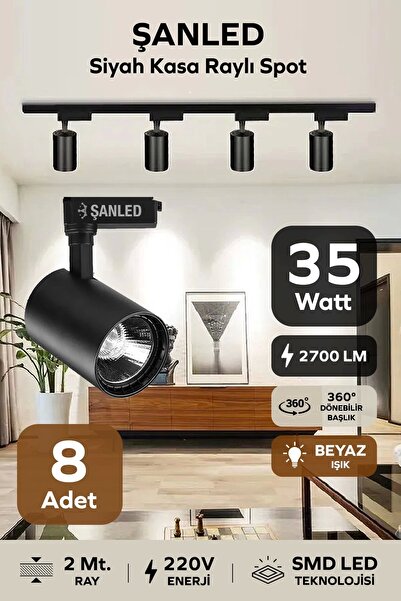 ŞANLED Led Siyah Kasa Beyaz Işık 35w Raylı Spot / 8 Adet 2 Metre Ray