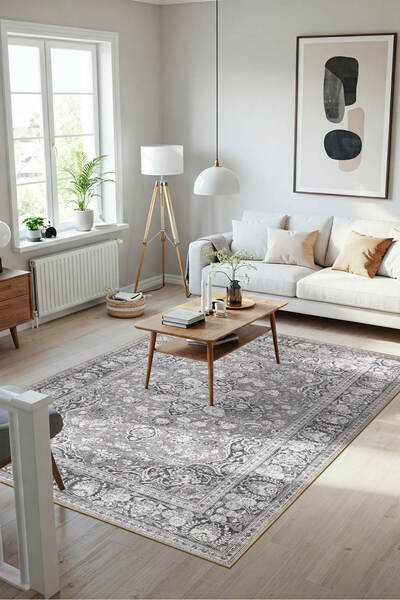 ARTLOOP Stonart Eskitme Vintage Desenli Gri Otantik Yıkanabilir Şönil Halı AL...