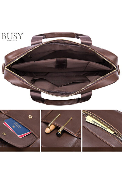 Busy Lady&Gentleman Geantă laptop 15.6' Creek, piele naturală, servietă unisex, umăr, mână, maro