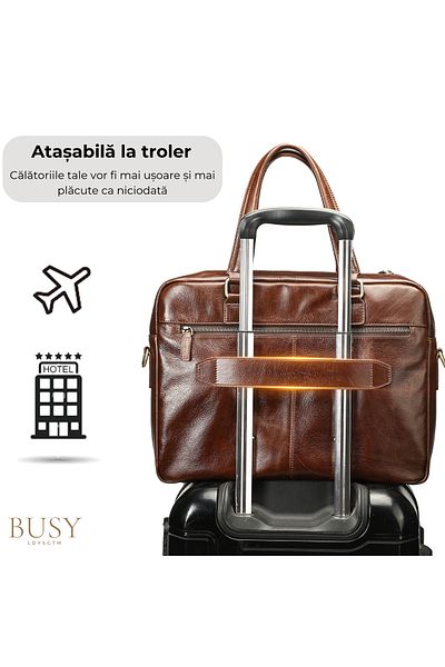 Busy Lady&Gentleman Laptop Briefcase 15' Natural Leather, Fortress, Business Design, Attachable Trolley