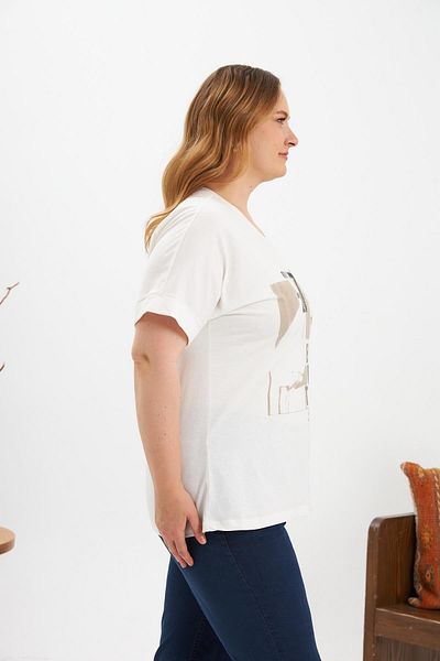 RMG Stone and Print Detailed Large Size T-Shirt Ecru