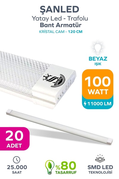 ŞANLED 100Wat 120 cm KRİSTAL  Yatay LED Bant Armatür-Trafolu Beyaz Işık -20 A...