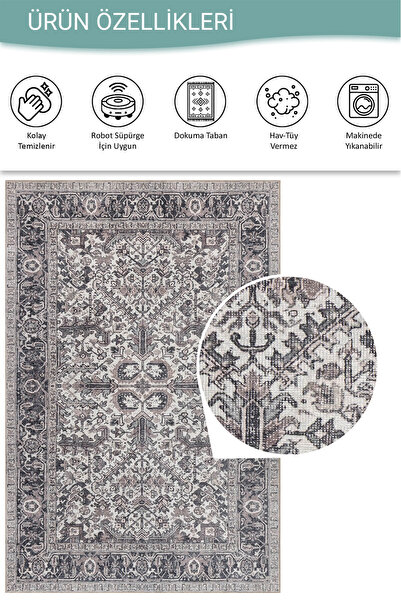 ARTLOOP Stonart Eskitme Vintage Desenli Gri Otantik Yıkanabilir Şönil Halı AL 453