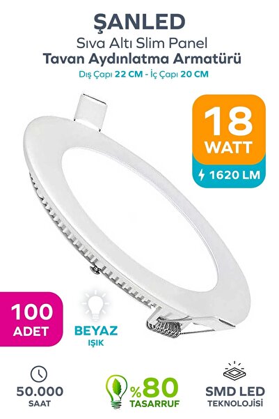 ŞANLED 18w Tasarruflu Led Yuvarlak Beyaz Işık Sıva Altı Slim Panel Tavan Aydınlatma Armatürü-100 Adettir