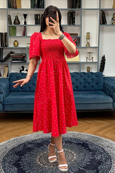 Madmext Kırmızı Desenli Midi Boy Kadın Elbise Mg2475