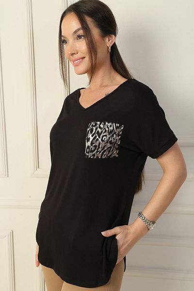 By Saygı Women's Front Back V Neck Back Leopard Garnished Pocket Lycra Blouse