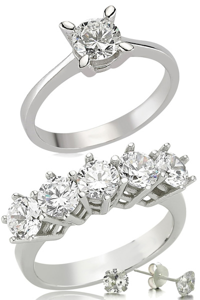 Takı Dükkanı Gümüş Beştaş Tektaş Yüzük Tektaş Küpe Üçlü Set Sevgiliye Hediye ...