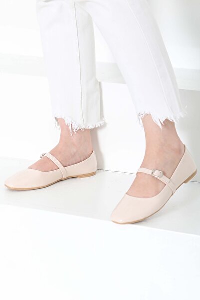 TOFİSA Pantofi de damă din piele lacuită cu centură crem - 27155