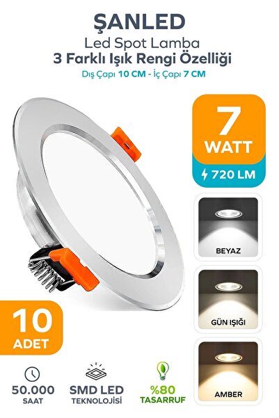 ŞANLED 3 Renkli(beyaz,gün Işığı,ikisi Bir Arada) 7w Led Spot Lamba- 10 Adettir