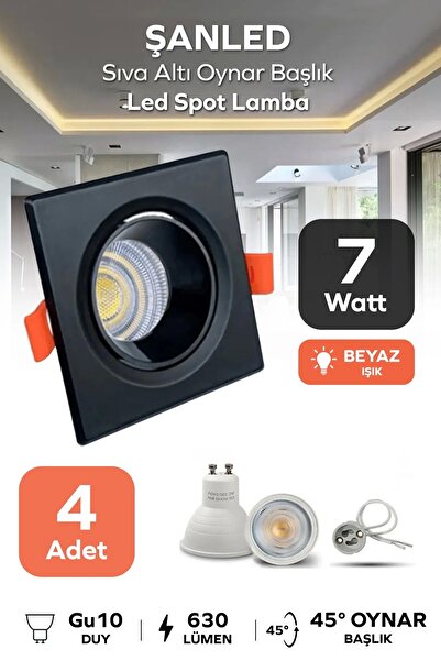 ŞANLED 7w Sıva Altı Oynar Başlık Gu10 Kare Siyah Kasa Beyaz Işık Led Spot Lam...