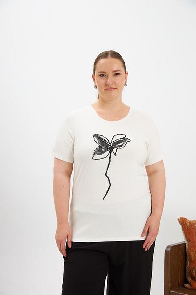 RMG Flower Print and Stone Detailed Large Size T-Shirt Ecru