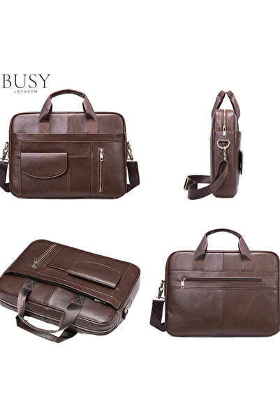 Busy Lady&Gentleman Geantă laptop 15.6' Creek, piele naturală, servietă unisex, umăr, mână, maro