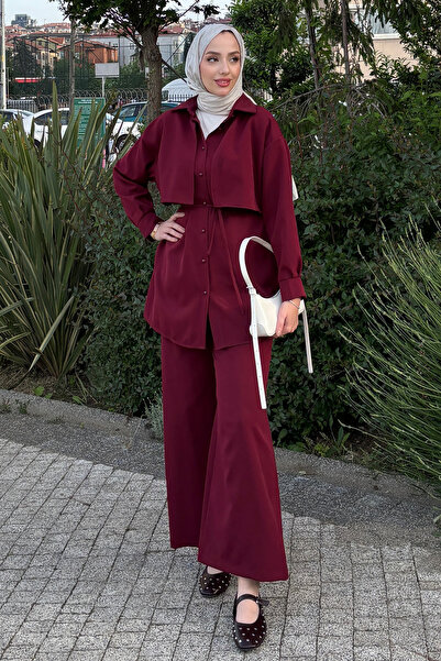 Tesettür Diyarı بدلة صيفية من قماش الكريب - أحمر كلاريت