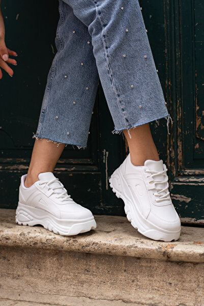 kajal ayakkabı Beyaz Peri Tabanlı Spor Günlük Kadın Spor Ayakkabı Bağcıklı Kalın Hafif Yüksek Taban Sneaker