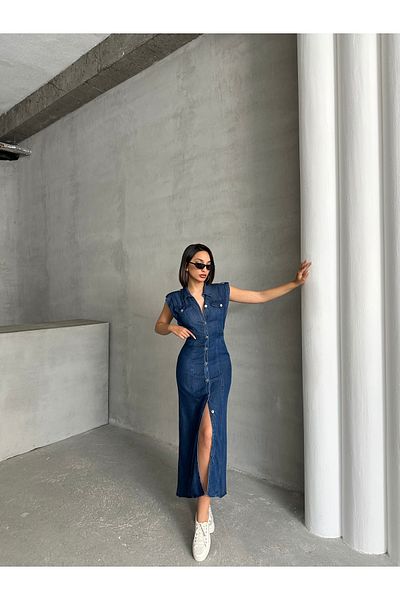 Miss Prova Rochie de vară bleumarin din denim cu talie, cu centură de ședere, cu detaliu de trecere, cu nasturi MISSELB950