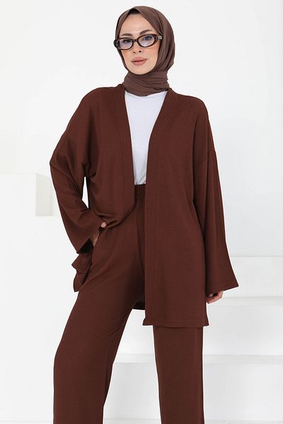TOFİSA Kimono Set with Pockets Brown - 27131