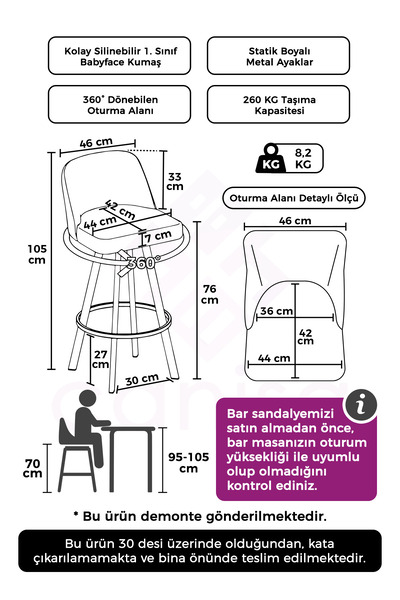 Canisa Atex Serisi 2 Adet Krem Bar Sandalyesi 360°c Döner Bar Sandalyesi Babyface Kumaş Beyaz Metal Ayaklı