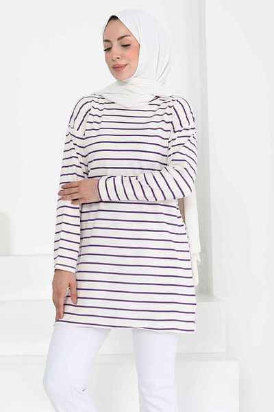 TOFİSA Striped Slit Tunic White Purple - 27134