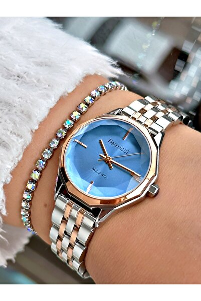 Ferrucci ساعة يد نسائية من FERRUCI بقرص أزرق وزجاج مقصوص وفضي وردي معدني