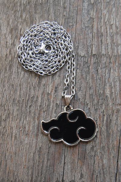 Rua Jewelry Naruto Anime Akatsuki Cloud Necklace - Black Enamel Silver Color Classic with Chain