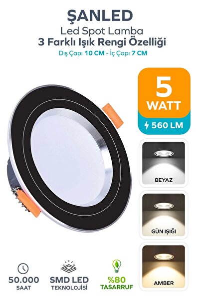 ŞANLED 5W 3 Renkli(Beyaz,Günışığı,Amber)Siyah Krom Kasa Led Spot Lamba- 1 ADE...