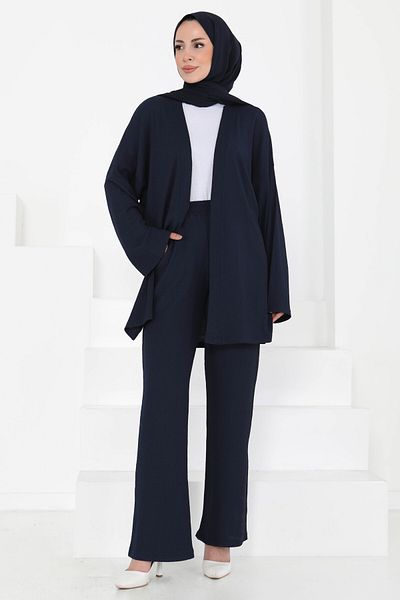 TOFİSA Kimono Suit with Pockets Navy Blue - 27131