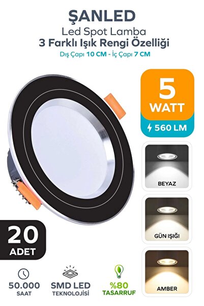 ŞANLED 5W 3 Renkli(Beyaz,Günışığı,Amber)Siyah Krom Kasa Led Spot Lamba- 20 AD...